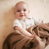 Nobodinoz baby fitted sheet in washed double muslin wabi-sabi brown hoshi birds